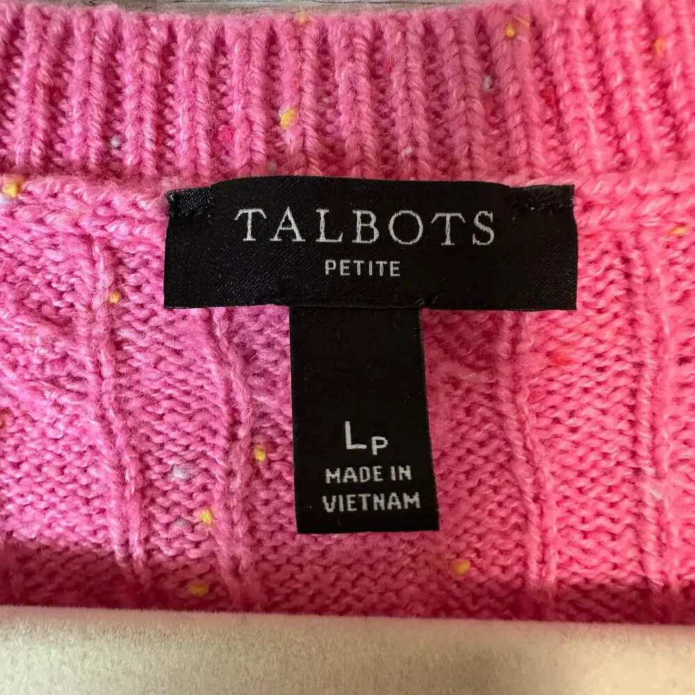 Talbots‎ sweater cable knit button cuff pink confetti triedMom feminine petite